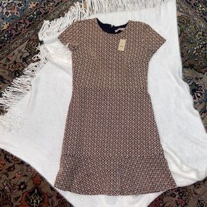 Ann Taylor Loft 0P Shift Dress, Cream & Blue w/ embroidered pattern, flare hem